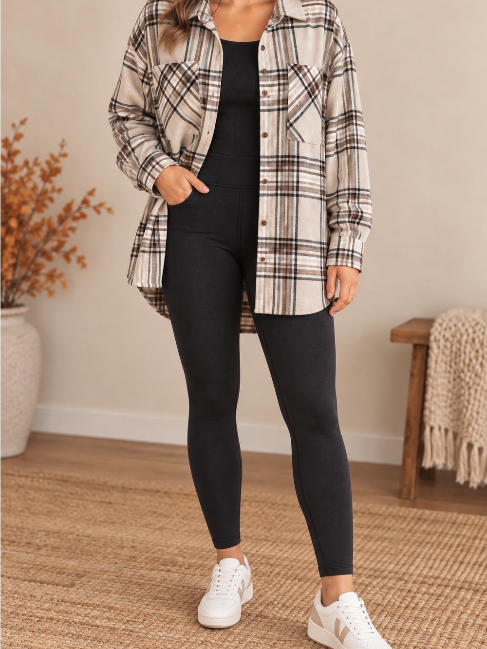 Ci Sono Beige Plaid Button-Down Shacket
